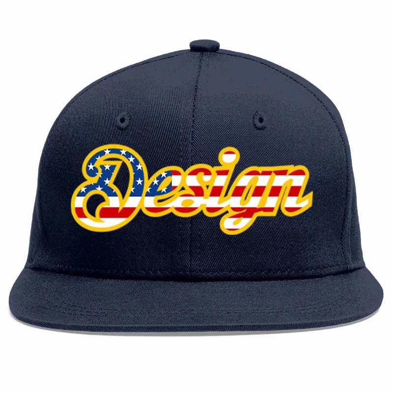 Custom Navy Vintage USA Flag-Gold Flat Eaves Sport Baseball Cap Design for Men/Women/Youth