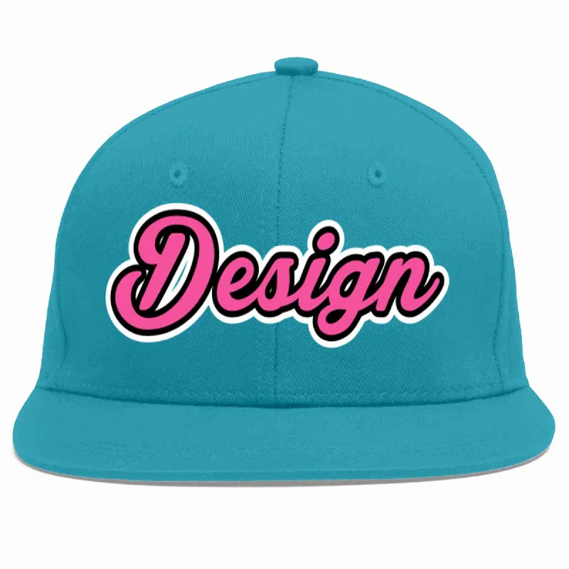 Personalized Embroidered Baseball Cap-Custom Aqua Pink-Black Flat Eaves Sport Baseball Cap Design for Men/Women/Youth