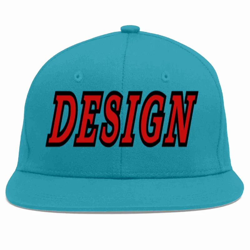 Baseball Cap For Traveling-Custom Aqua Red-Black Flat Eaves Sport Baseball Cap Design for Men/Women/Youth