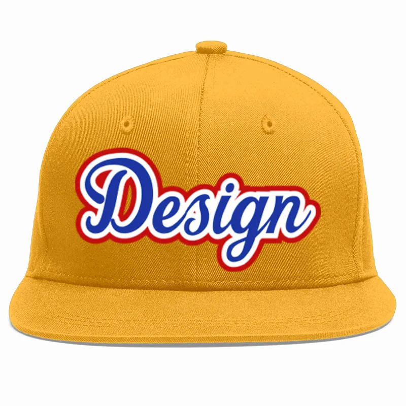 Baseball Cap For Outdoor Adventures-Custom Gold Royal-White Flat Eaves Sport Baseball Cap Design for Men/Women/Youth