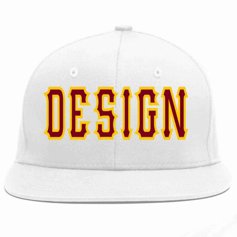 Baseball Cap For Trendy Casual Looks-Custom White Crimson-Gold Flat Eaves Sport Baseball Cap Design for Men/Women/Youth