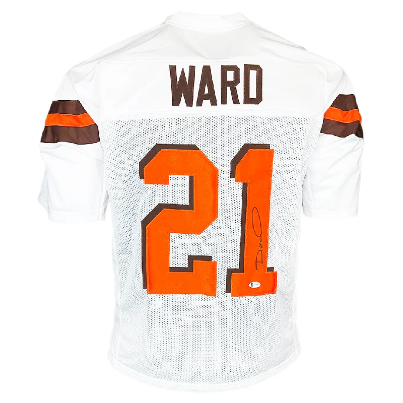 Rugby Jersey For Sports Gear-Denzel Ward Signed Cleveland White Football Jersey (Beckett)