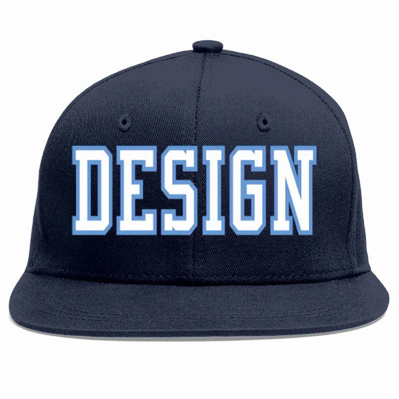 Baseball Cap For School Teams-Custom Navy White-Light Blue Flat Eaves Sport Baseball Cap Design for Men/Women/Youth