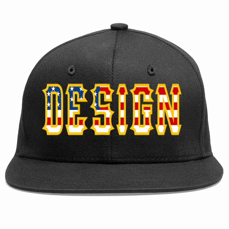 Baseball Cap With Team Branding-Custom Black Vintage?USA?Flag-Gold Flat Eaves Sport Baseball Cap Design for Men/Women/Youth