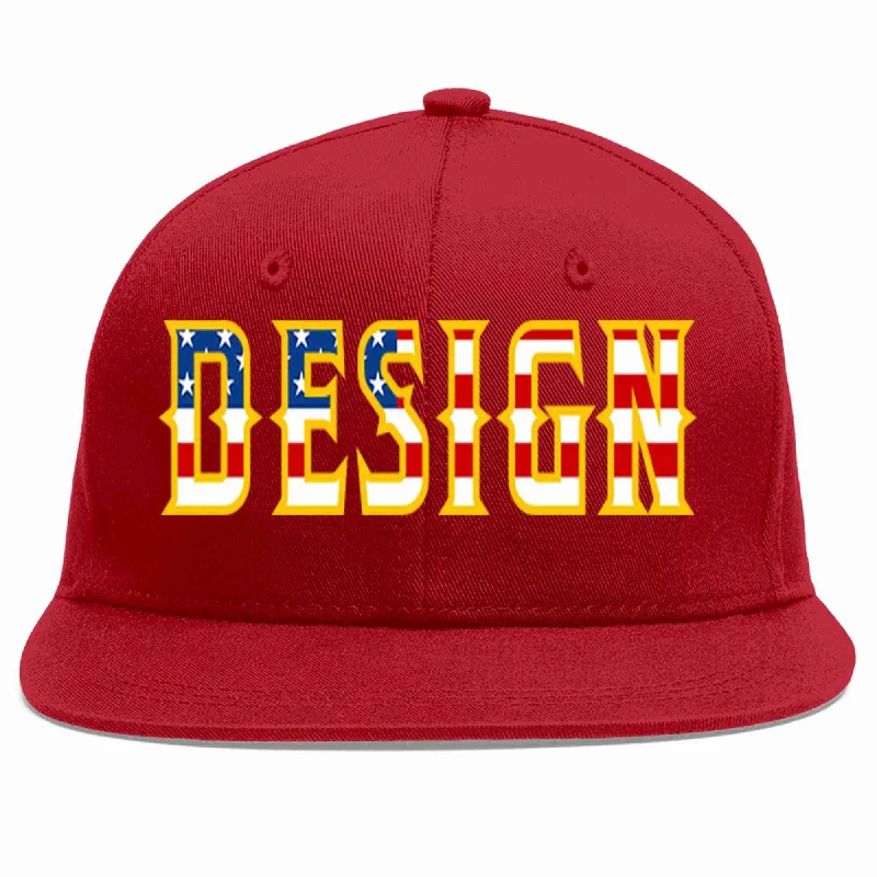 Baseball Cap For Popular Brands-Custom Red Vintage USA Flag-Gold Flat Eaves Sport Baseball Cap Design for Men/Women/Youth