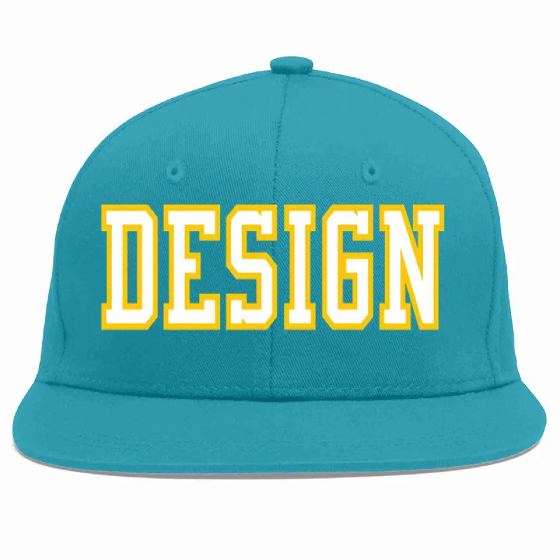 Baseball Cap For Custom Teams-Custom Aqua White-Gold Flat Eaves Sport Baseball Cap Design for Men/Women/Youth