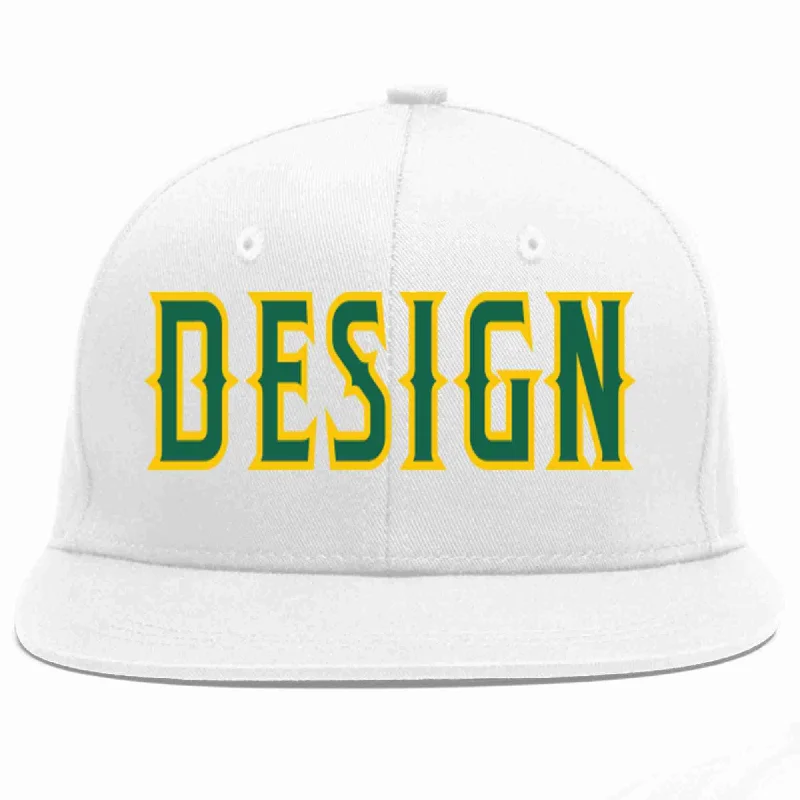 Baseball Cap For Alumni Apparel-Custom White Kelly Green-Gold Flat Eaves Sport Baseball Cap Design for Men/Women/Youth