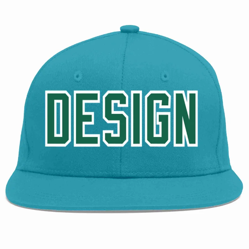 Custom Baseball Cap For Promotions-Custom Aqua Kelly Green-White Flat Eaves Sport Baseball Cap Design for Men/Women/Youth