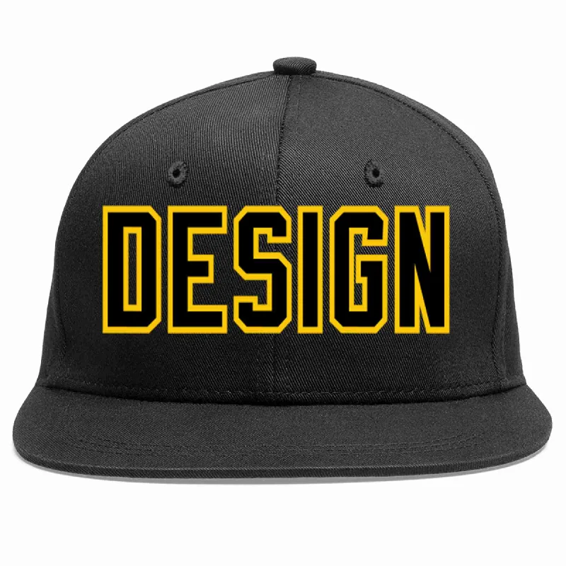 Baseball Cap For Summer-Custom Black Black-Gold Flat Eaves Sport Baseball Cap Design for Men/Women/Youth