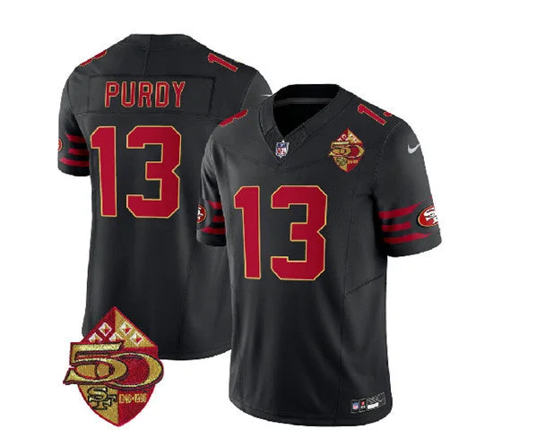 Football Jersey With Custom Sleeve Design-Men's San Francisco 49ers #13 Brock Purdy Black 2023 F.U.S.E. 50th Patch Throwback Football Stitched Jersey