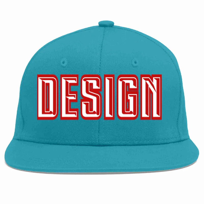 Custom Printed Baseball Cap-Custom Aqua White-Red Flat Eaves Sport Baseball Cap Design for Men/Women/Youth