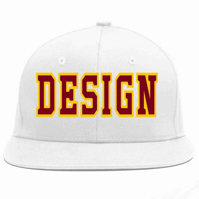 Baseball Cap For Fan Gear-Custom White Crimson-Gold Flat Eaves Sport Baseball Cap Design for Men/Women/Youth