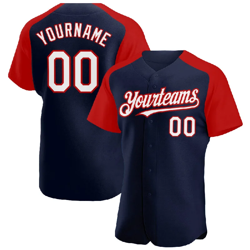 Baseball Jersey With Sponsor Logo-Custom Navy White-Red Authentic Raglan Sleeves Baseball Jersey