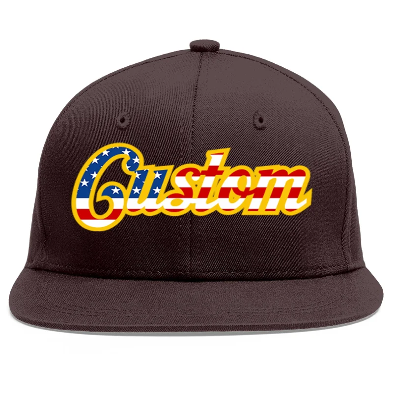 Baseball Cap With Iconic Logos-Custom Brown Vintage USA Flag-Gold Flat Eaves Sport Baseball Cap