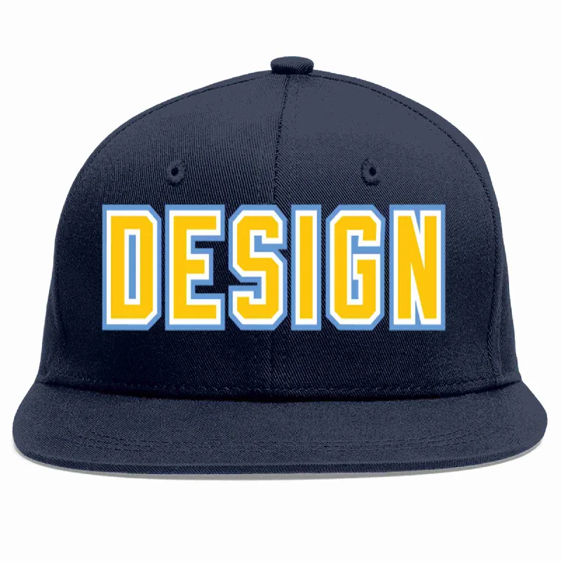 Custom Baseball Cap For College-Custom Navy Gold-White Flat Eaves Sport Baseball Cap Design for Men/Women/Youth