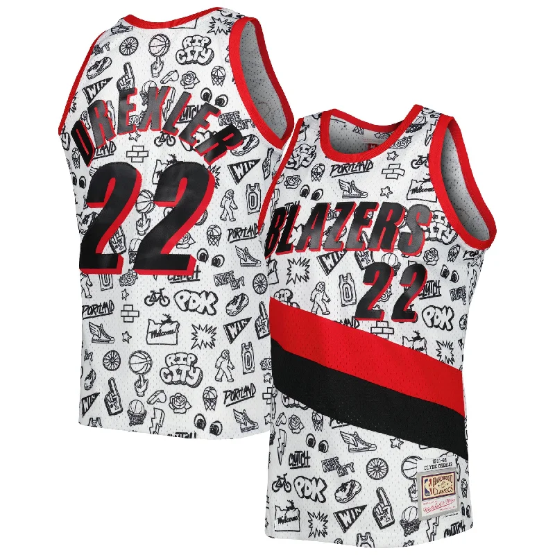 Basketball Jersey With Player Name and Number-Clyde Drexler Portland Trail Blazers 1991-92 Hardwood Classics Doodle Swingman Basketball Jersey - White