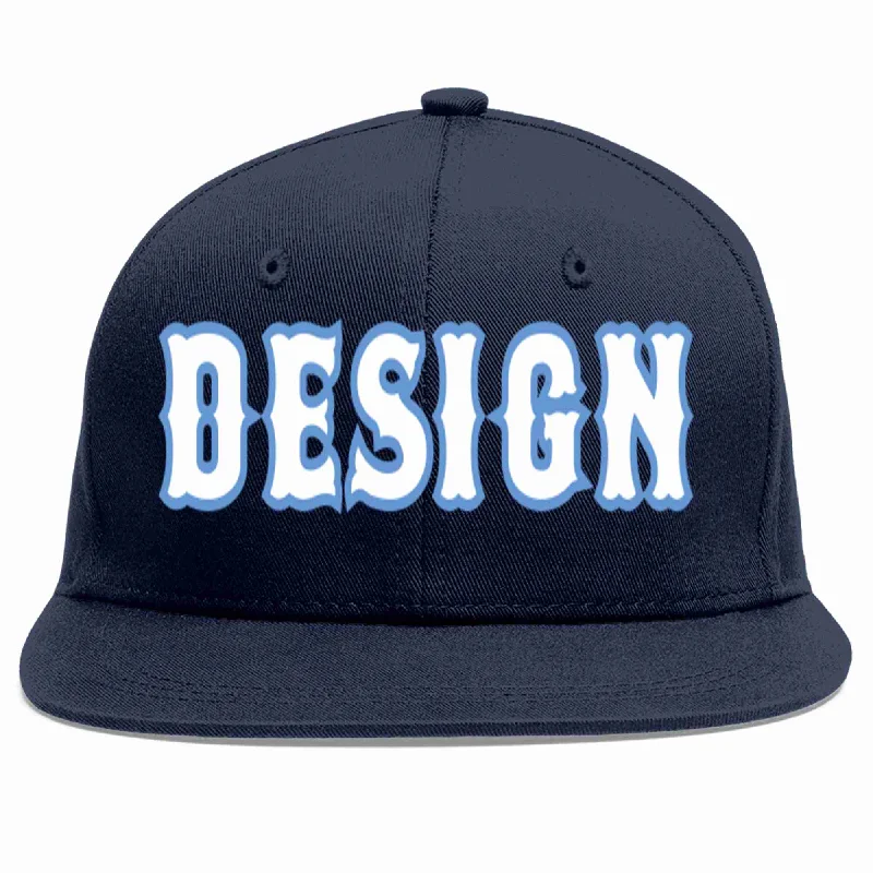 Baseball Cap With Patchwork Design-Custom Navy White-Light Blue Flat Eaves Sport Baseball Cap Design for Men/Women/Youth