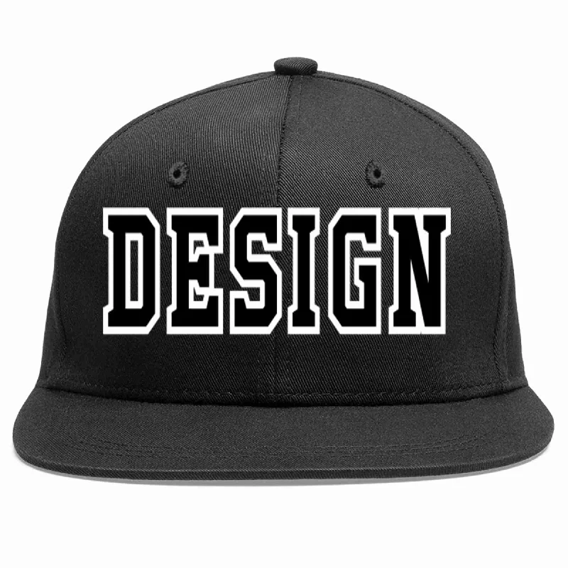 Baseball Cap With Custom Artwork Designs-Custom Black Black-White Flat Eaves Sport Baseball Cap Design for Men/Women/Youth