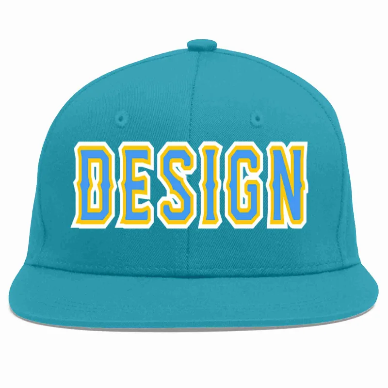 Baseball Cap For Custom Events-Custom Aqua Powder Blue-Gold Flat Eaves Sport Baseball Cap Design for Men/Women/Youth