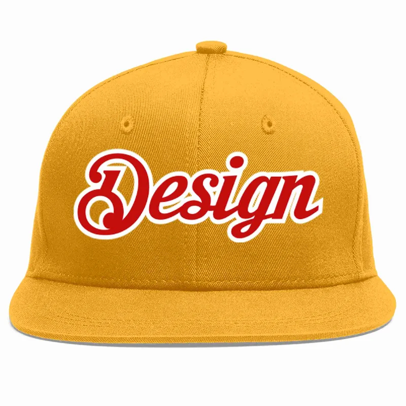 Baseball Cap For VIP Gifts-Custom Gold Red-White Flat Eaves Sport Baseball Cap Design for Men/Women/Youth