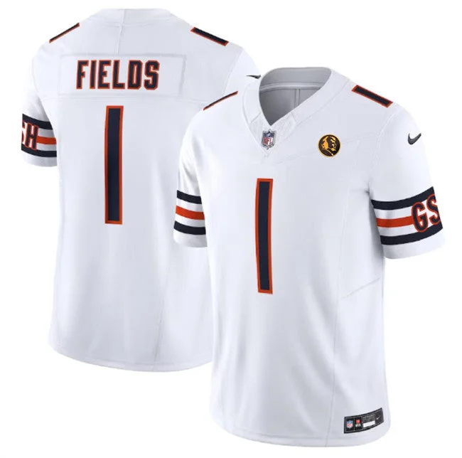 Football Jersey With Player Name and Number-Men's Chicago Bears #1 Justin Fields White 2023 F.U.S.E. With John Madden Patch Vapor Limited Football Stitched Jersey