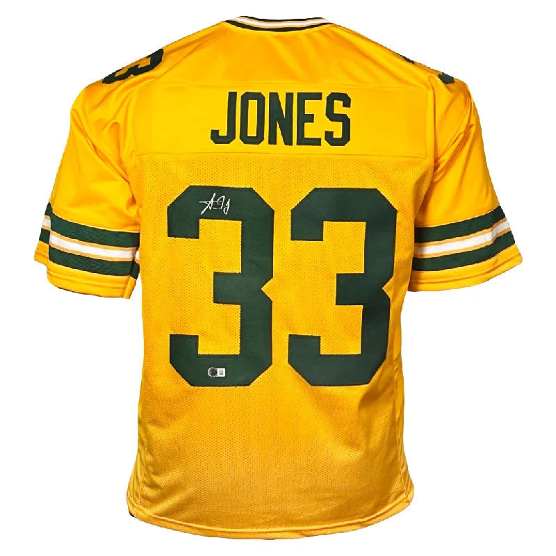 Rugby Jersey With Patches-Aaron Jones Signed Green Bay Yellow Football Jersey (Beckett)