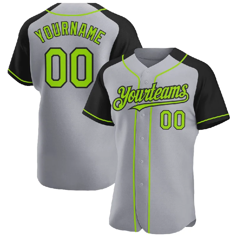 Baseball Jersey For Signature Baseball Players-Custom Gray Neon Green-Black Authentic Raglan Sleeves Baseball Jersey