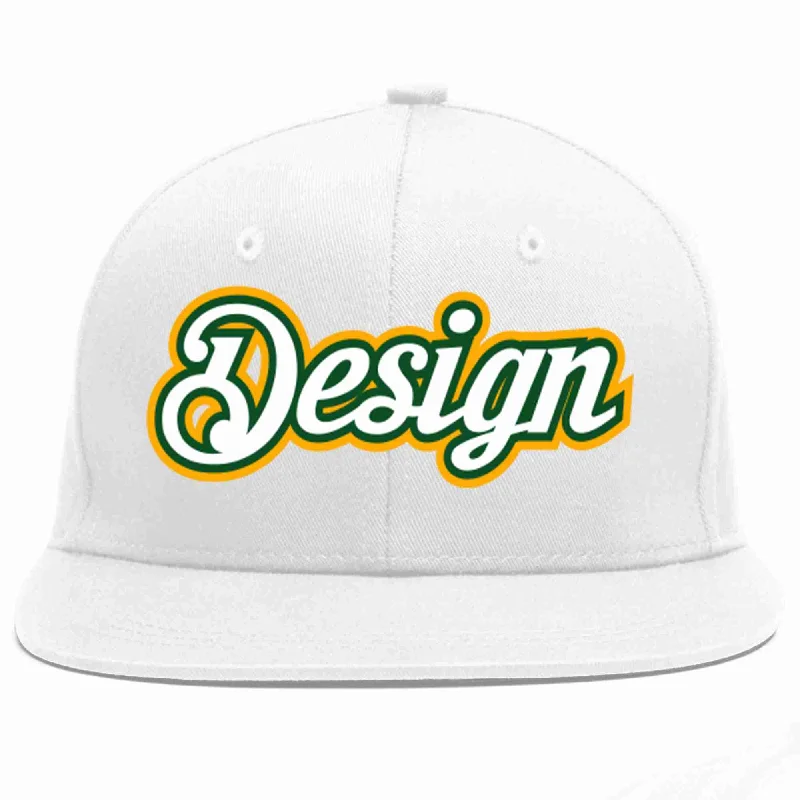 Baseball Cap For Special Events-Custom White White-Kelly Green Flat Eaves Sport Baseball Cap Design for Men/Women/Youth