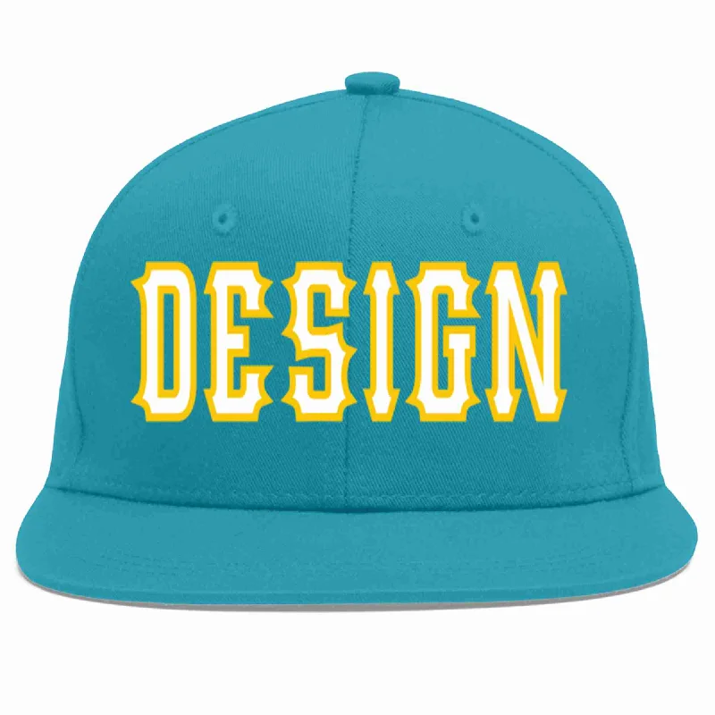 Baseball Cap With Initials-Custom Aqua White-Gold Flat Eaves Sport Baseball Cap Design for Men/Women/Youth