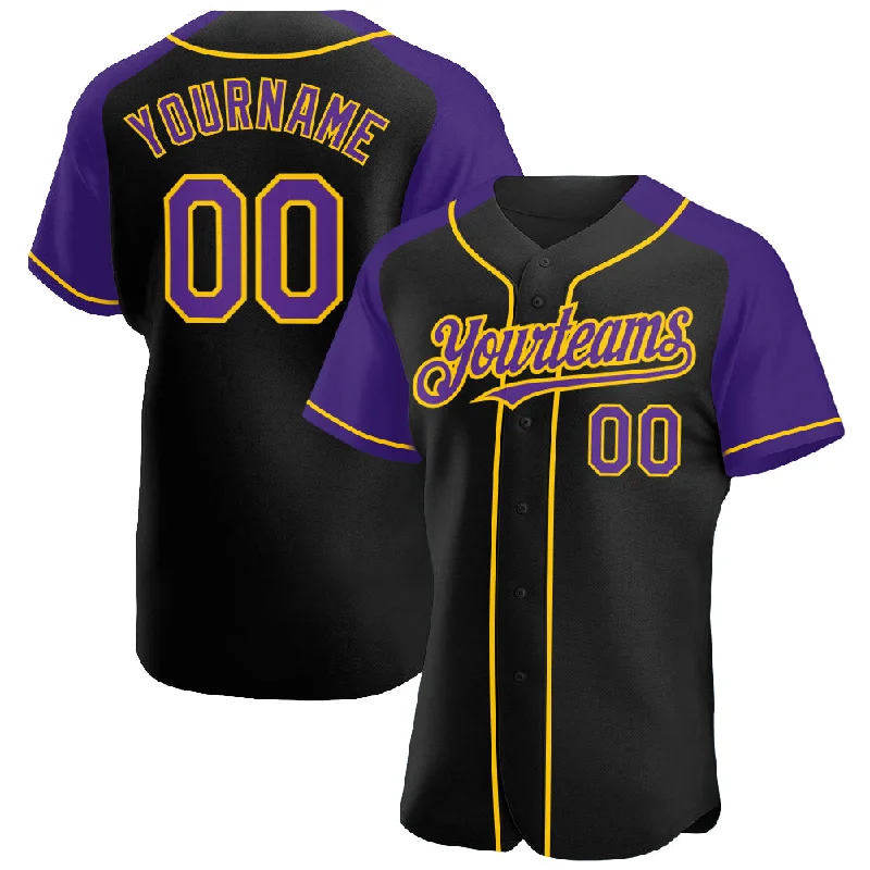 Baseball Jersey For Regional Teams-Custom Black Purple-Yellow Authentic Raglan Sleeves Baseball Jersey