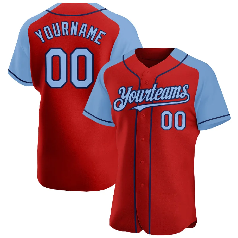 Baseball Jersey With Embroidered Graphics-Custom Red Light Blue-Navy Authentic Raglan Sleeves Baseball Jersey