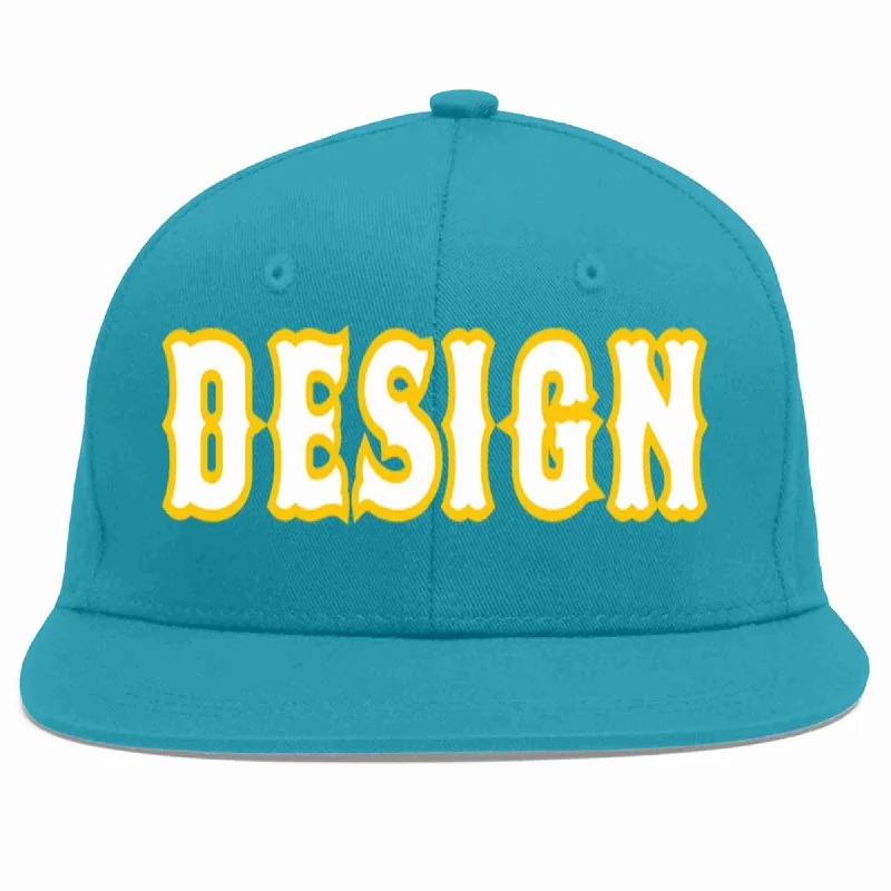 Baseball Cap For Employee Gifts-Custom Aqua White-Gold Flat Eaves Sport Baseball Cap Design for Men/Women/Youth