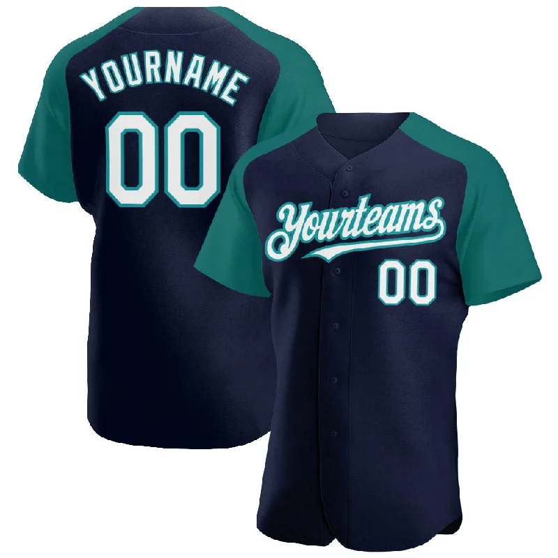 Baseball Jersey For High School Baseball Teams-Custom Navy White-Teal Authentic Raglan Sleeves Baseball Jersey