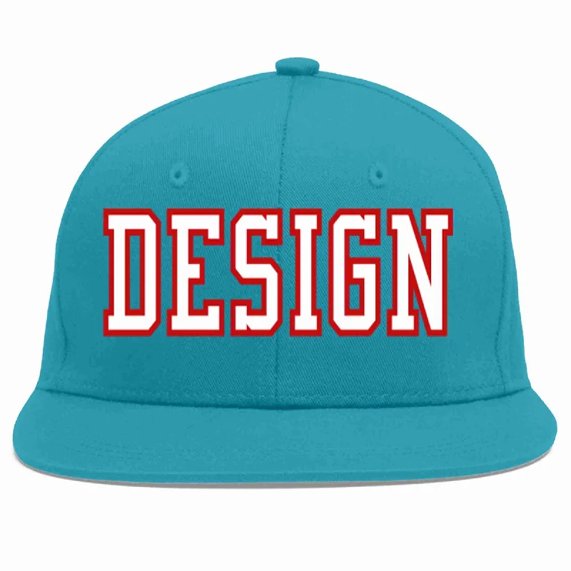 Baseball Cap With Custom Patch-Custom Aqua White-Red Flat Eaves Sport Baseball Cap Design for Men/Women/Youth