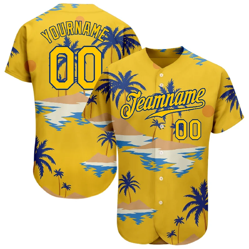 Baseball Jersey For Baseball Gear Collection-Custom Yellow Royal 3D Pattern Design Sun Beach Hawaii Palm Trees Authentic Baseball Jersey