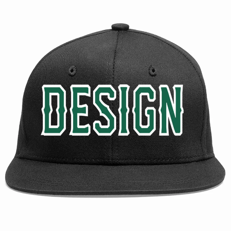 Personalized Snapback Baseball Cap-Custom Black Kelly Green-White Flat Eaves Sport Baseball Cap Design for Men/Women/Youth