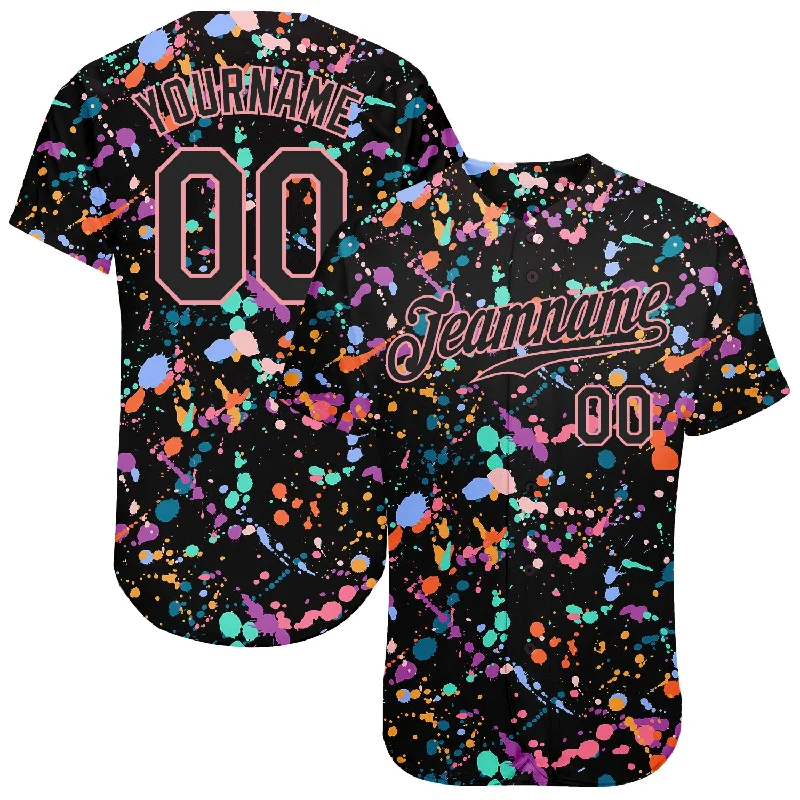 Baseball Jersey With Custom Patchwork-Custom Graffiti Pattern Black-Medium Pink 3D Expressive Splatter Authentic Baseball Jersey