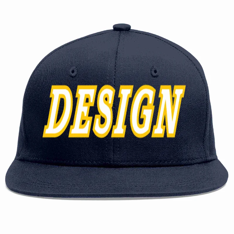 Baseball Cap For Traveling-Custom Navy White-Gold Flat Eaves Sport Baseball Cap Design for Men/Women/Youth