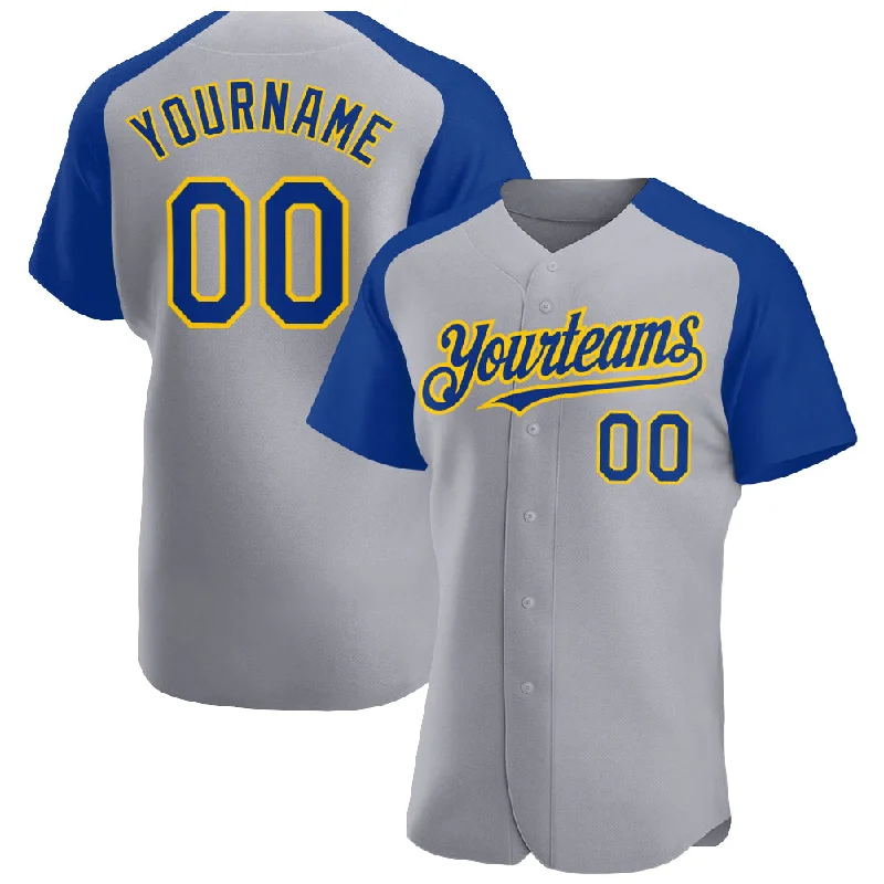 Baseball Jersey For Popular Baseball Brands-Custom Gray Royal-Yellow Authentic Raglan Sleeves Baseball Jersey