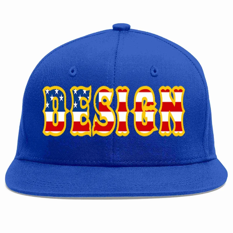 Baseball Cap For Custom Customization-Custom Royal USA-Gold Flat Eaves Sport Baseball Cap Design for Men/Women/Youth