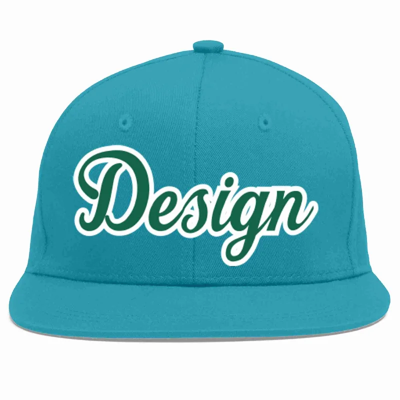 Baseball Cap For Custom Customization-Custom Aqua Kelly Green-White Flat Eaves Sport Baseball Cap Design for Men/Women/Youth