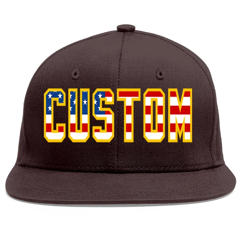 Baseball Cap For Custom Customization-Custom Brown Vintage USA Flag-Gold Flat Eaves Sport Baseball Cap