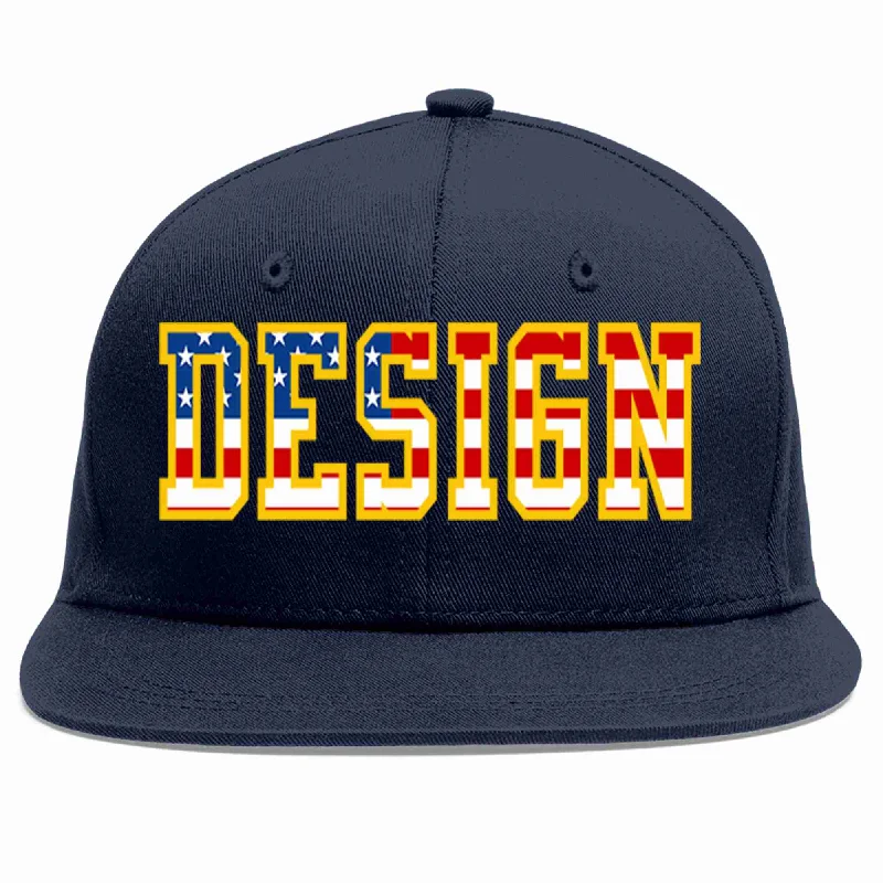 Baseball Cap With Team Colors-Custom Navy Vintage USA Flag-Gold Flat Eaves Sport Baseball Cap Design for Men/Women/Youth