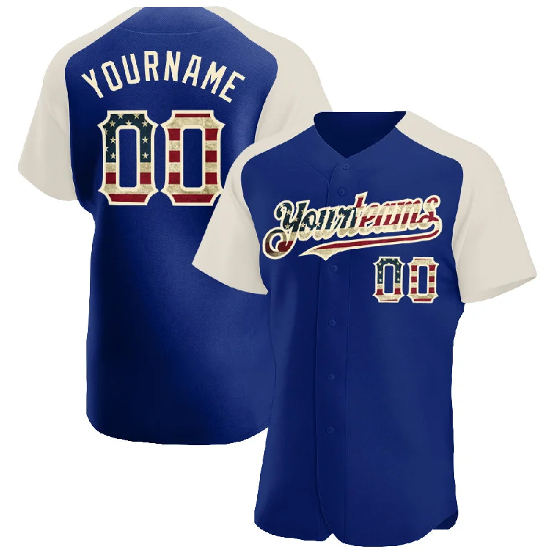 Baseball Jersey With Player Customization-Custom Royal Vintage USA Flag-Cream Authentic Raglan Sleeves Baseball Jersey