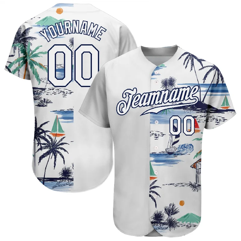 Baseball Jersey For Baseball Sportswear-Custom White Navy 3D Pattern Design Hawaii Palm Trees Island And Sailboat Authentic Baseball Jersey