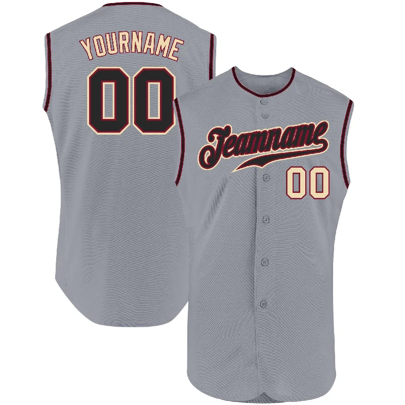 Baseball Jersey With Embroidered Team Logos-Custom Gray Black-Cream Authentic Sleeveless Baseball Jersey