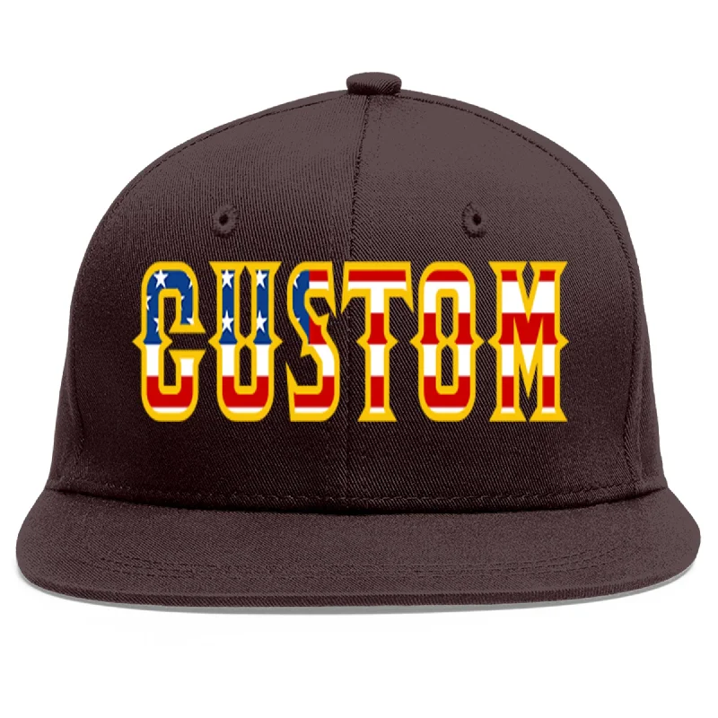 Baseball Cap For Fall-Custom Brown Vintage USA Flag-Gold Flat Eaves Sport Baseball Cap