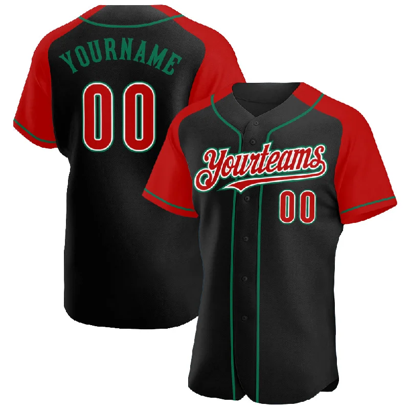 Baseball Jersey For Charity Events-Custom Black Red-Kelly Green Authentic Raglan Sleeves Baseball Jersey