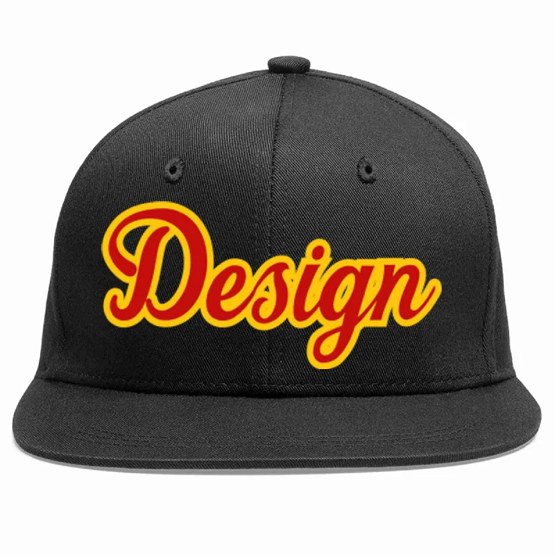 Baseball Cap With Custom Number-Custom Black Red-Yellow Flat Eaves Sport Baseball Cap Design for Men/Women/Youth