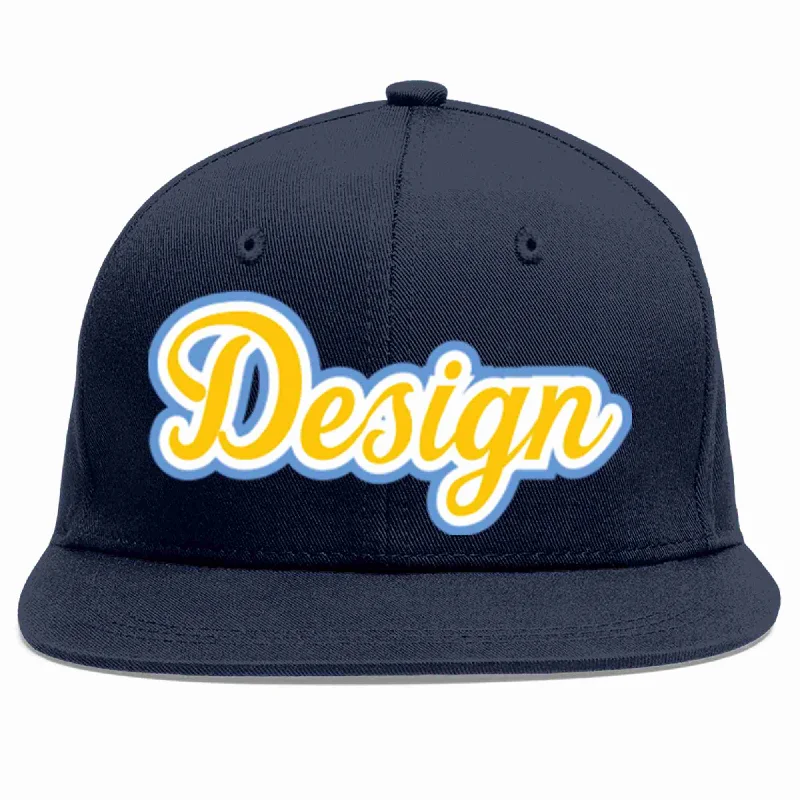 Baseball Cap With Seasonal Colors-Custom Navy Gold-White Flat Eaves Sport Baseball Cap Design for Men/Women/Youth